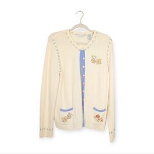 Vintage White Stag Cream Knit Floral Embroidered Button Front Cardigan Size M